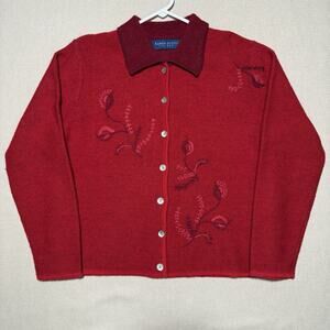 KAREN SCOTT Holiday Cardigan 100% Pure Wool Red Embroidered Sweater Jacket Sz M